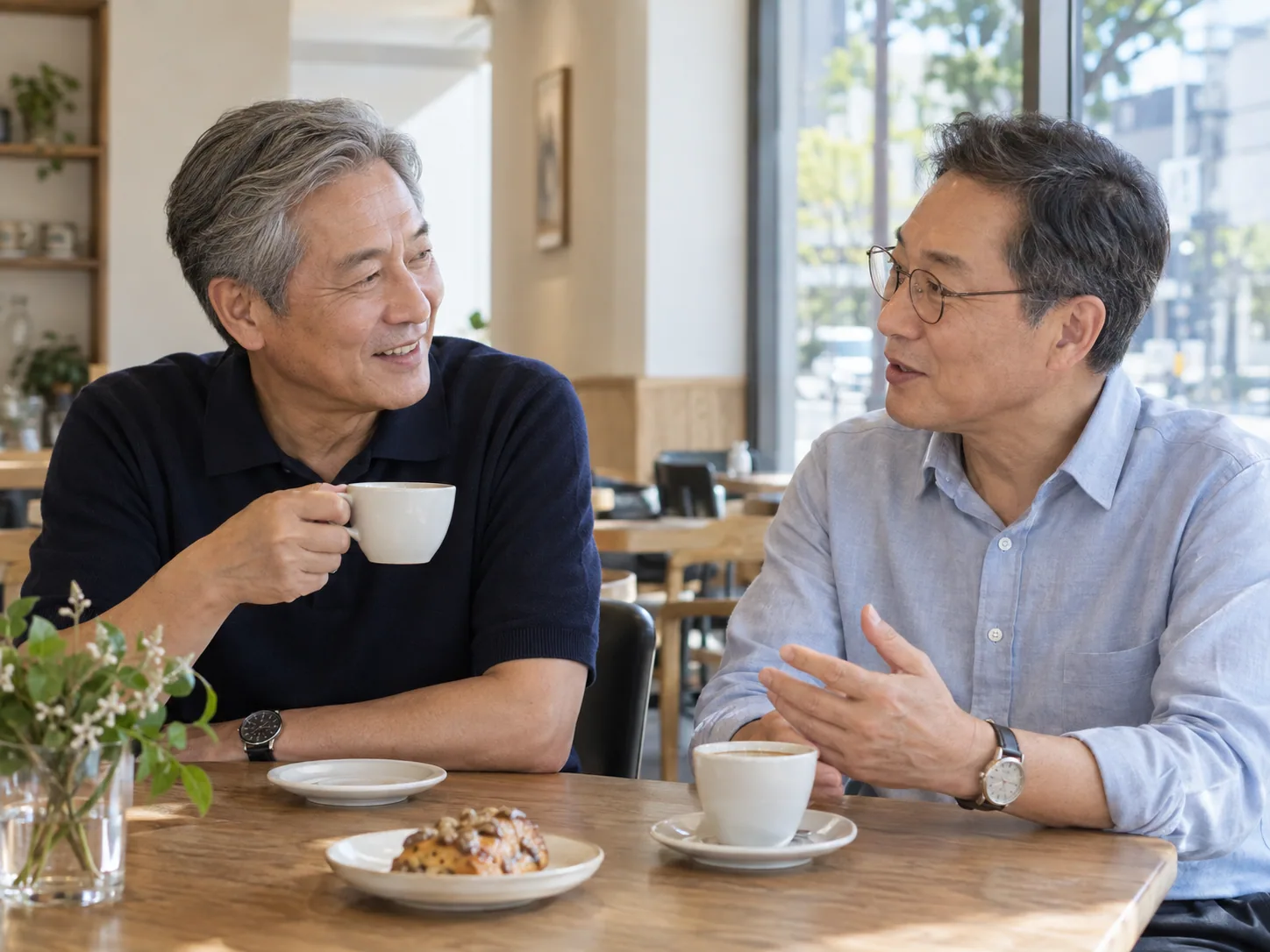 자연스럽게 웃는 두 시니어의 일상 — AI 생성 예시 이미지