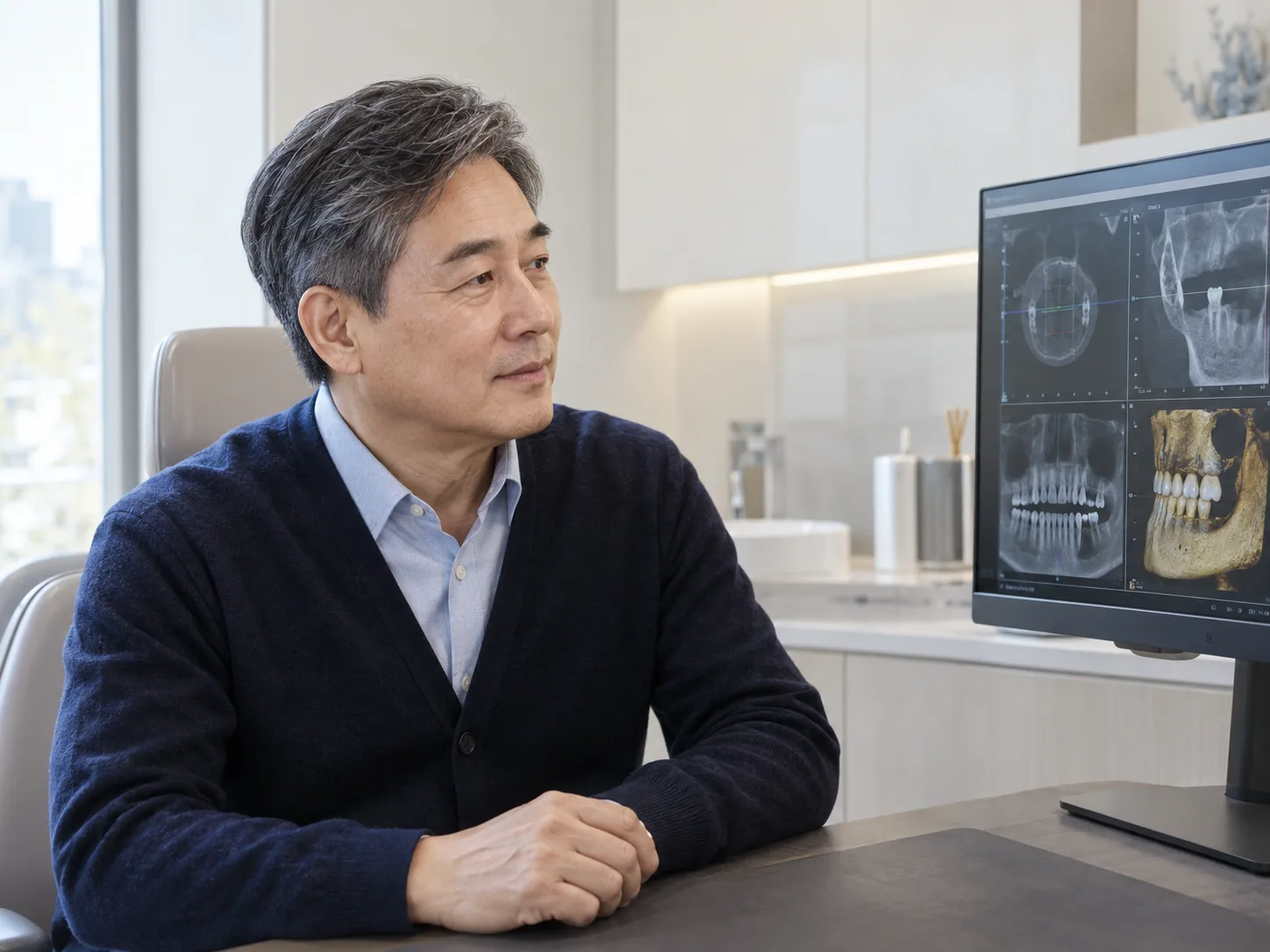 디지털 치아 영상을 살펴보는 시니어 환자 — AI 생성 예시 이미지