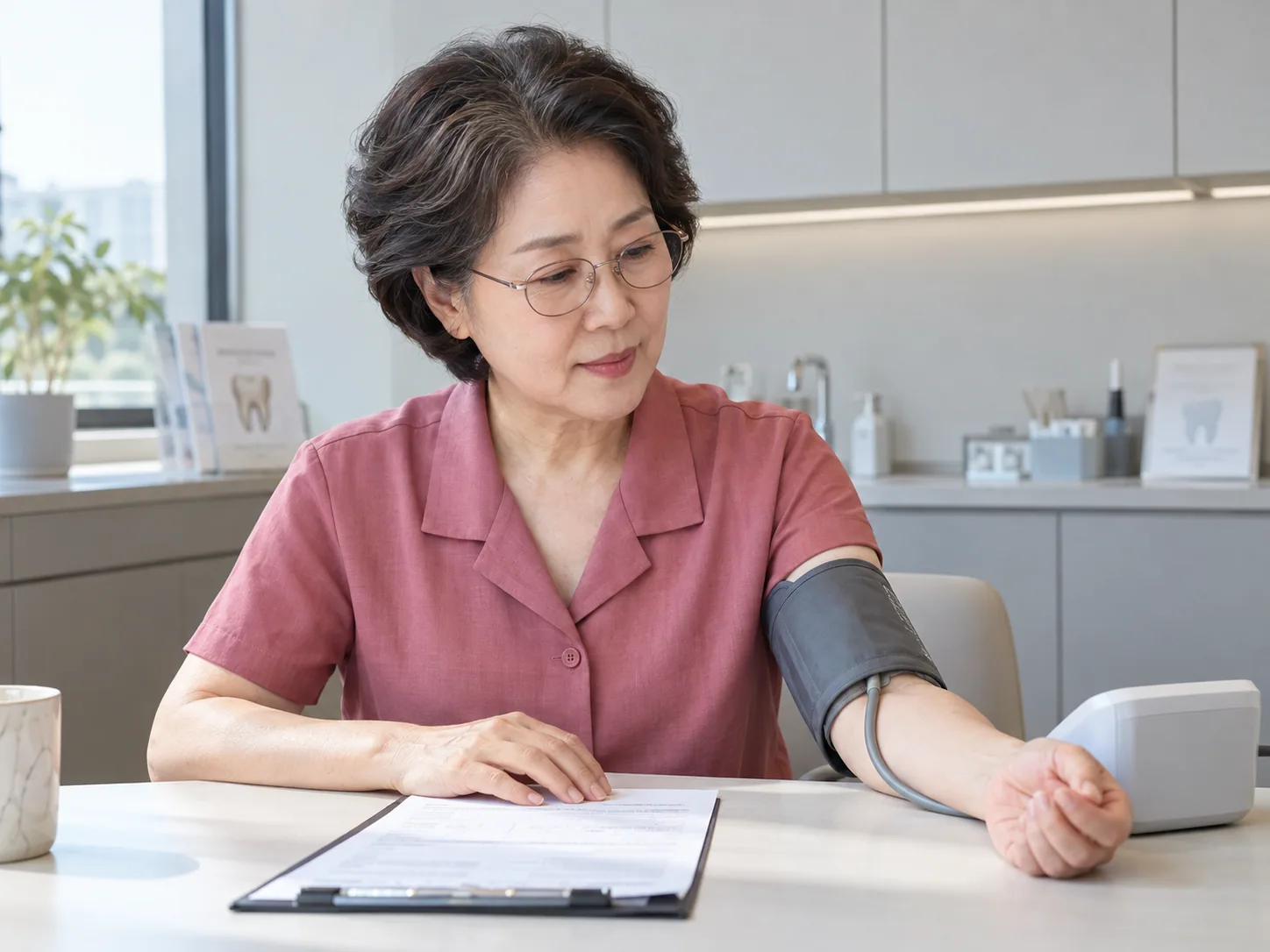 치과 상담 전 건강 상태와 혈압을 확인하는 시니어 환자 — AI 생성 예시 이미지